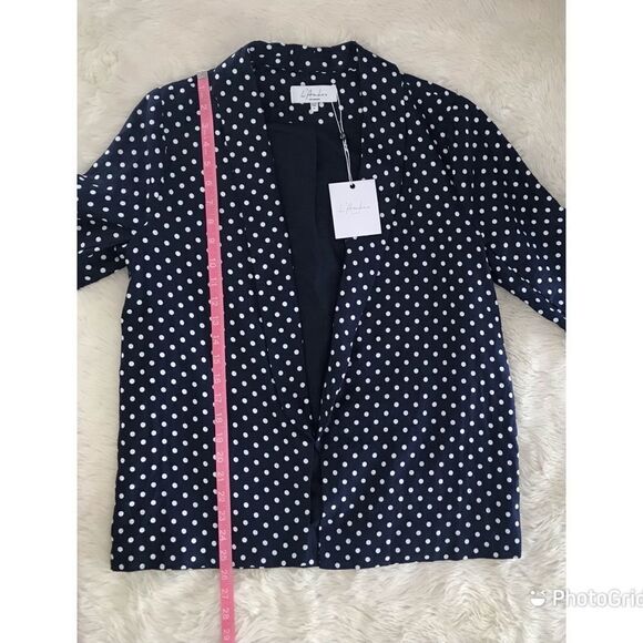 L’ACADEMIE Carter Linen Blazer Open Front Navy Blue White Polka Dot Medium New - Picture 15 of 16